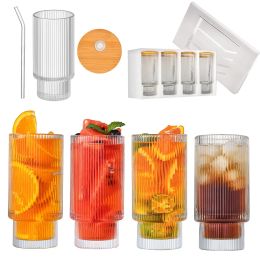 Verrerie nervurée Verres à boire vintage de 11 oz Empilables Highball Style Origami Tasse en verre Tasses à eau romantiques pour boissons, jus, bière et cocktail 1,26