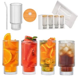 Copos de vidro com nervuras 11 onças vintage copos empilháveis highball estilo origami copo de vidro romântico copos para beber água para bebidas suco cerveja e coquetel 913