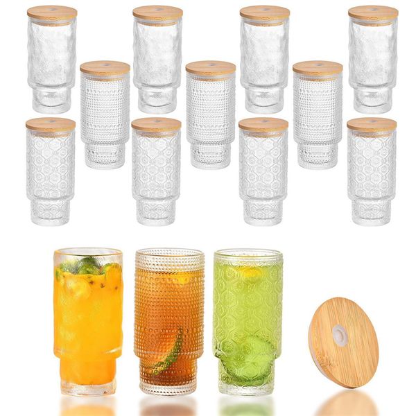 Verres nervurés 11 oz Verres à boire vintage empilables Highball Origami Style Coupe en verre Tasses à boire pour boissons, jus, bière Lot de 4