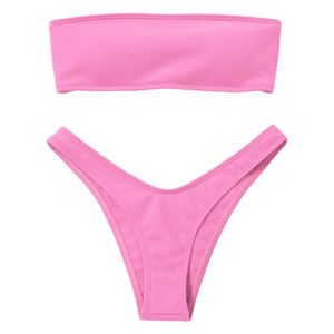 Conjunto de bikini acanalado de corte alto para mujer, traje de baño bandeau sin tirantes con hombros descubiertos, traje de baño acolchado con realce, Bikini rosa 2021