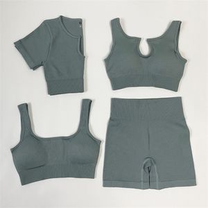 Tenues d'entraînement côtelées pour femmes, ensemble de Yoga sans couture, vêtements de gymnastique, haut court à manches courtes, Leggings taille haute, costume de sport 220330