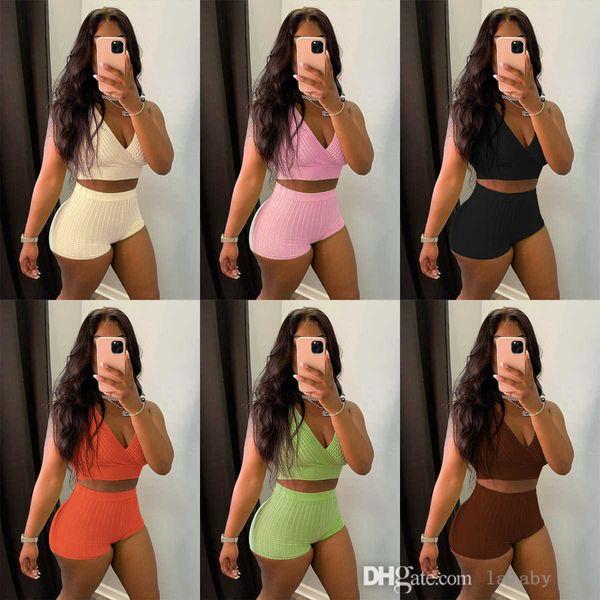 Ribber Shorts Sets Chándal Mujeres Deep V Sin mangas Crop Top Chaleco y pantalones cortos Conjunto de dos piezas Mujer Color sólido 2pcs Outfit