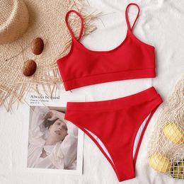 Ribbel Tweedelige Pakken Rood 2023 Sexy Bikini Set Hoge Taille Geplooid Golvend Effen Neon Badpak Dames Bandage Strandkleding Monokini Badmode Push Up Badpak Biquinis