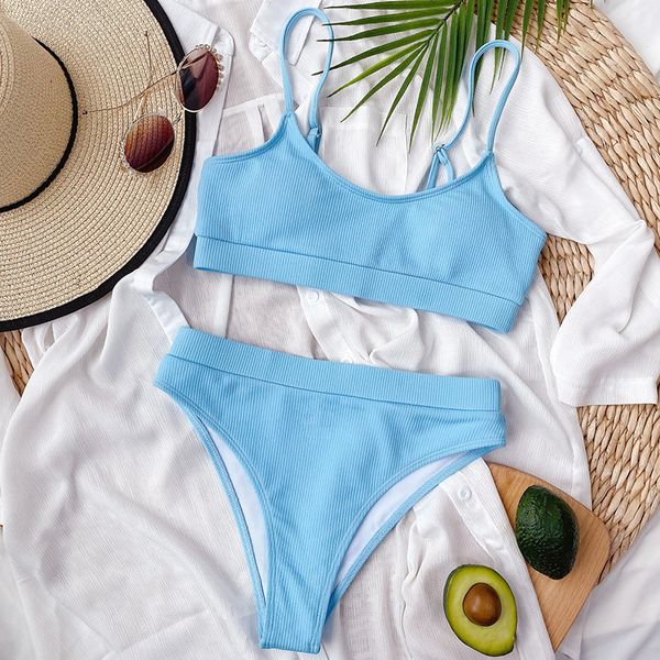 Trajes de dos piezas de costillas Sky Blue 2023 Conjunto de bikini sexy Cintura alta Plisado Ondulado Traje de baño de neón Mujeres Vendaje Ropa de playa Monokini Traje de baño Push Up Traje de baño Biquinis