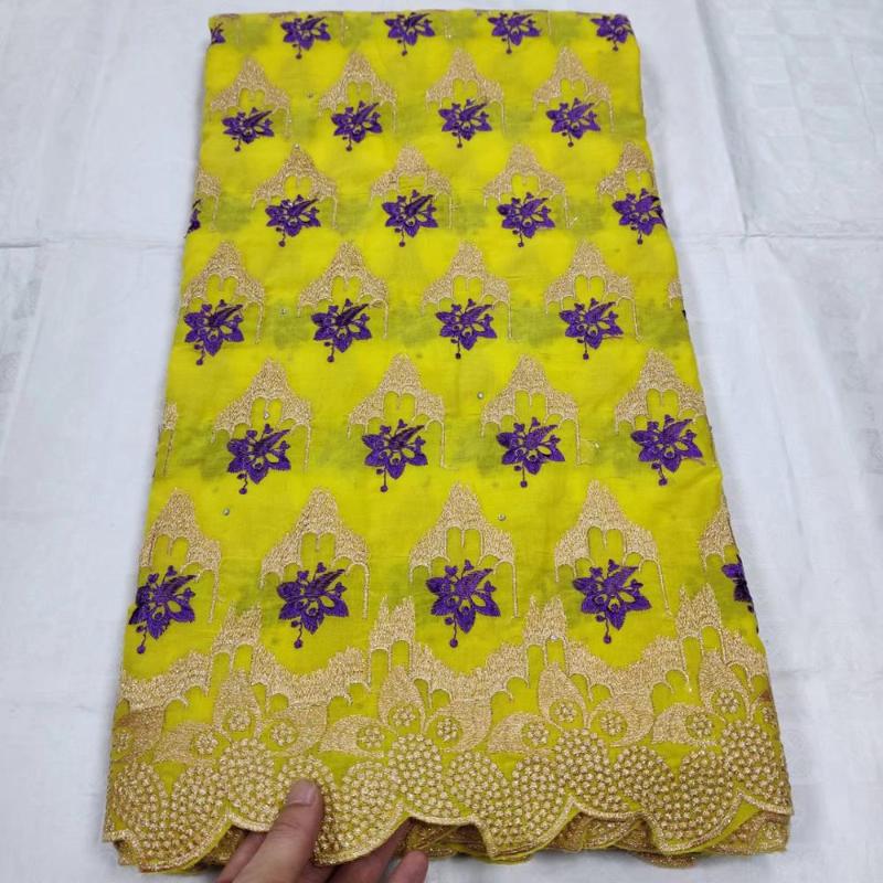 Ribbon (5yards/pc) High Quality Soft Dubai Swiss Voile Lace Fabric Yellow Purple Embroidered African Cotton For Party Dress CLL102