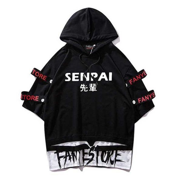 Ruban T-shirts SENPAI Sweat à capuche à manches courtes T-shirts Hip Hop Casual Oversize Top Tees Streetwear Homme Gros Hommes Vêtements 210629