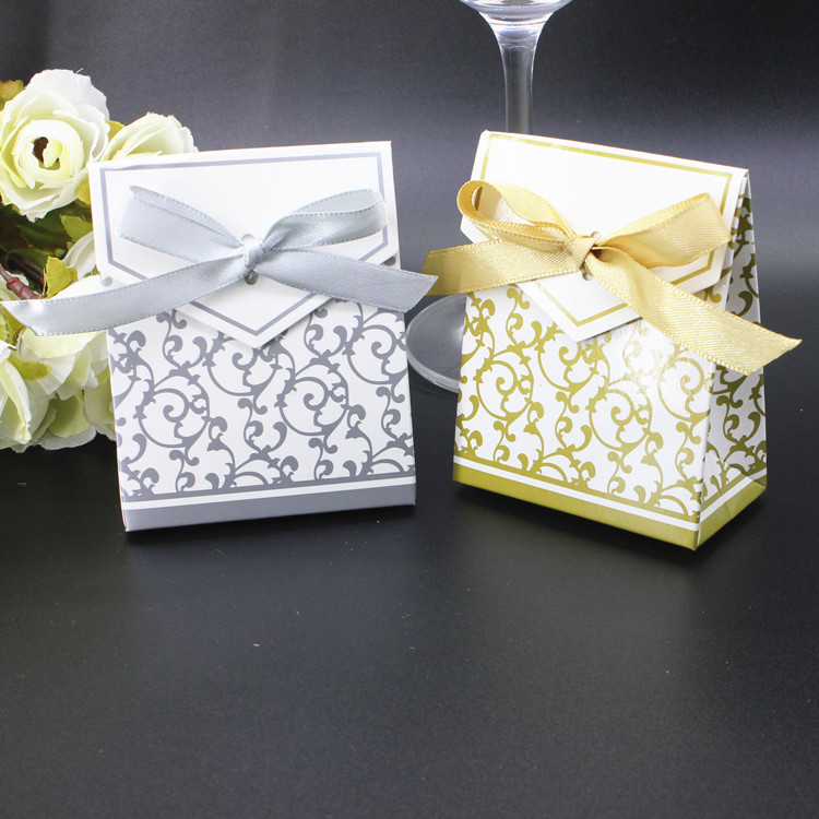 Ribbon Wedding Candy Paper Box Creative Golden Silver Wedding Favours Party Gift Paper Box Candies Favour Boxes