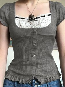 Linten Boog Contrast Patchwork T-shirt Y2K Esthetische Button Up Franje Casual Basic Crop Top Kawaii Lolita Tops Leuke Tees