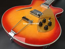 RIC 330 6 Strings Cherry Sunburst Semi Hollow Body Elektrische Gitaar Gloss Varnish Prooshout Fingerboard, Checkerboard Binding, Gouden Pickguard