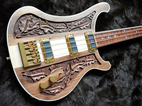 Rare 4004 Bastard LK Lemmy Kilmister Édition Limitée En Noyer Naturel Sculpté À La Main Guitare Basse Électrique Cou À Travers Le Corps, Reliure En Damier