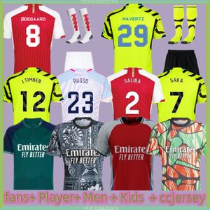 Versión de los fanáticos de Rice Jerseys Whiteut Saliba Gunners 23 24 Martinelli G. Jesus 2023 Smith Rowe Jersey Saka Havertz Camisa de fútbol Kit Kit Kit Equipment Kit Kid Equipment