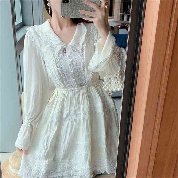 Robe en dentelle blanche de riz Femme à manches longues Taille haute Col V Piste Moulante Patchwork Robes décontractées Femme Printemps Vêtements 210603