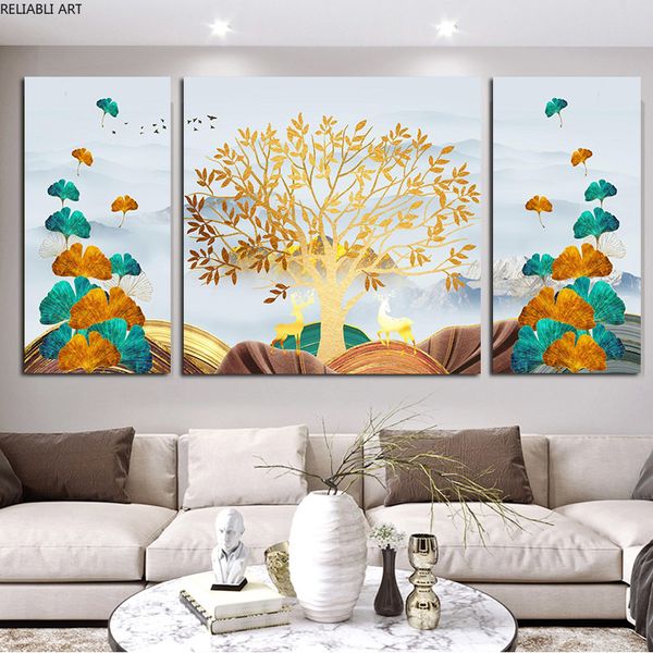 Riche arbre doré feuille de cerf Ginkgo Biloba nordique toile peintures moderne luxe décor à la maison chambre Art Cuadros décorations murales