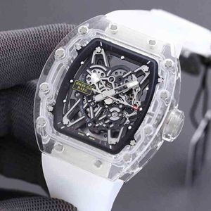Richamill Crystal Transparant Glass Mens Watch Volledig automatisch Hollow Out Fashion Personaliseerde Wine Barrel Tape