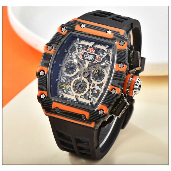 Richarder Milles Cronógrafo de lujo Naranja RM Correa para hombre Tonneau Dial Silicona con reloj de pulsera Reloj deportivo de cuarzo 0ZJT