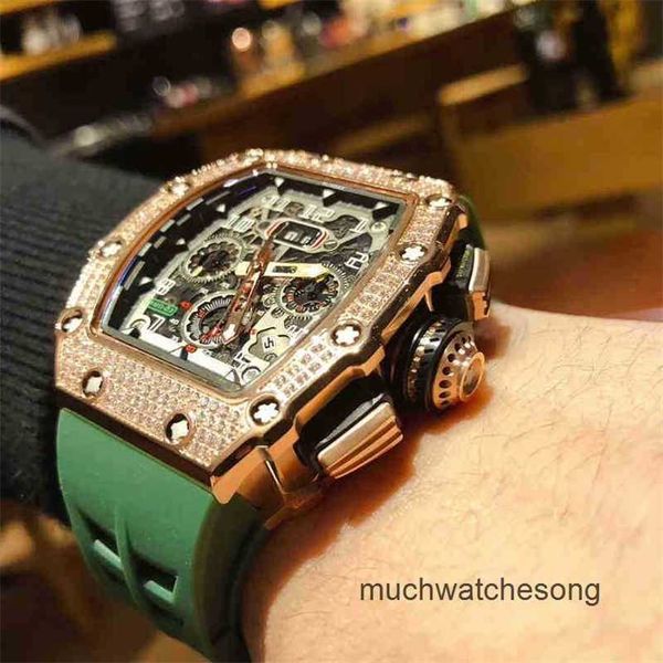 Richardmiler Luxury Wrists Montre-bracelets Automatic Chronograph Swiss Technology 011 Full Sky Star Diamond Inlaid Mechanical Mens Watch multifonctionnel Wine8XNJ 372R