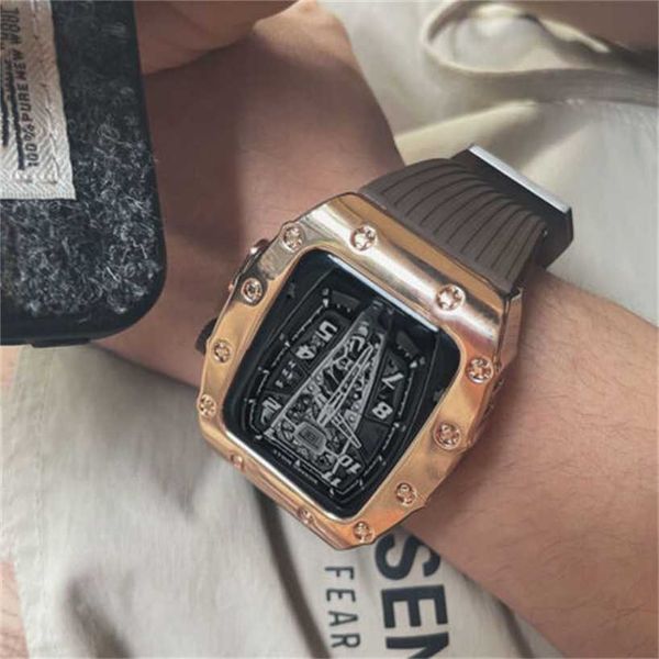 RichardMiler Montres-bracelets de luxe Montre Tourbillon à remontage manuel Apple Watch Series SE 44/45 mm Kit Mod style Richardmill étui de protection + bracelet WN-NOGV