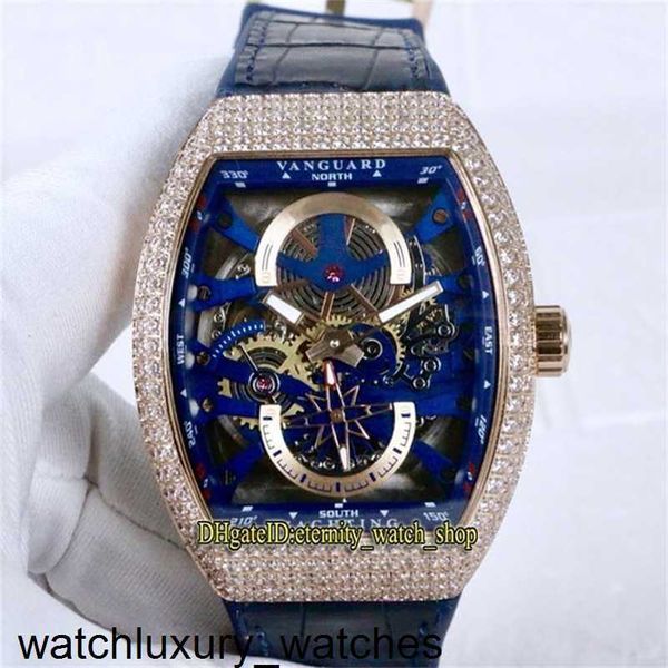 Richardmill Relojes de diseño Luxry Saratoge Vanguard S6 Yachting V45 S6 Yacht Blue Skeleton Dial Miyota Reloj automático para hombre Caja de diamantes en oro rosa Cuero