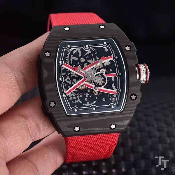 Richardmill Watch Designer Luxury Mens Men Mecánico Red Rojo Black Canvas Pulsera Tourbillion Limited Sapphire Carbon Fiber Factory Original Logo