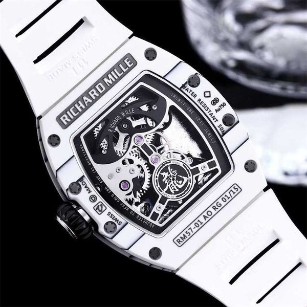 Richard''s Jackie Rm57 Tourbillon Superclone Active Chan Montre mécanique de luxe pour homme Business Leisure Rm5701 Entièrement automatique en céramique Noir Blanc et rouge Dragon Ard