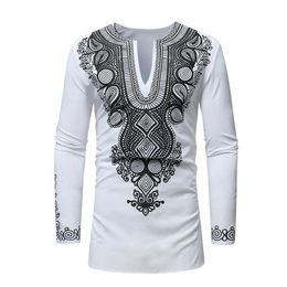 RICHE BAZIN Afrikaanse kleding Nieuwe Afrikaanse dashiki stijl nationale wind afdrukken V-hals lange mouw heren T-shirt Plus size212N