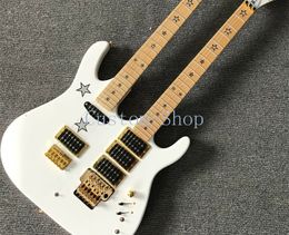 Richie Sambora Stars Double Neck 6 Stings Cream White Electric Guitar Floyd Rose Tremolo One Fiexd Bridge 3 Pickups Star Inlay Gold Leaf Stars on Body Gold Hardware