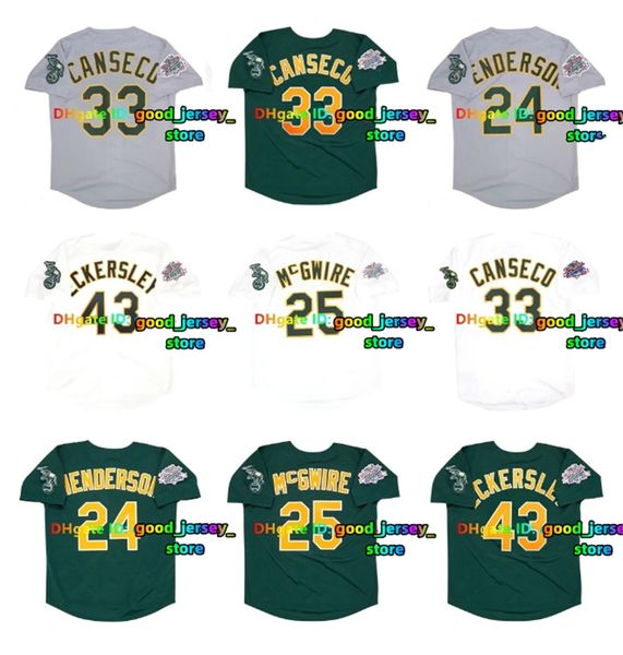 Rickey Henderson Throwback Baseball Jersey A's 1989 1990 World Series Mark 25 McGwire Jose Canseco Jason Giambi Reggie Jackson Vida Blue Eckersley Green Size S-4xl Nouveau