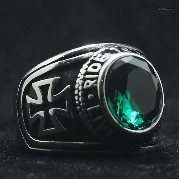 Rider Estilo de motocicleta Unisex 316L Acero inoxidable Cool Ride To Live To Live Cross Green Stone Classic Biker Ring1228R