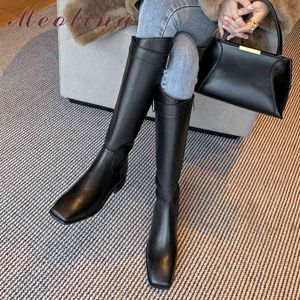 Riding Boots Dames Schoenen Gesp Echt Lederen Mid Hak Knie Hoge Vierkante Teen Dikke Hakken Zip Dame Long Black 210517