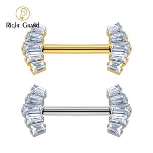 Rechts Grand ASTM 36 Threadless Push Pin Tepelschild Barbell Ring met 5 Cluster Baguette CZ Kroonuiteinden 240311