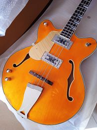 Guitare électrique basse droitier 4 cordes Vintage jaune clair brillant Semi-Hollow HH Pickups