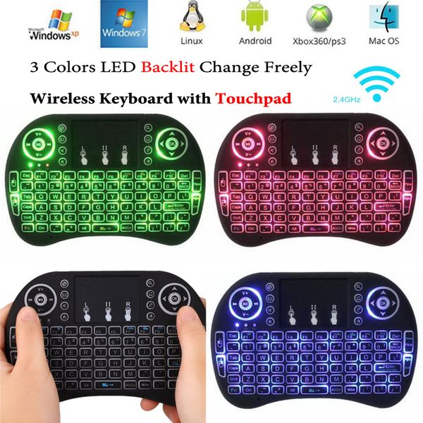 Mini teclado i8 Retroiluminación colorida Control remoto en inglés 2.4G Teclado inalámbrico Fly Air Mouse con panel táctil para S912 Android TV Box