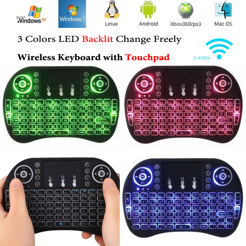 Mini i8 teclado colorido Backlight Inglês Controle remoto 2.4g Teclado sem fio Mouse de ar mosca com touchpad para S912 Android TV Box