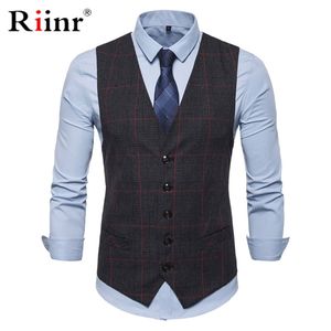 Riinr 3 couleurs hommes affaires décontracté Slim gilets mode Plaid boutons simples Fit costume masculin pour printemps automne S-3XL 210923