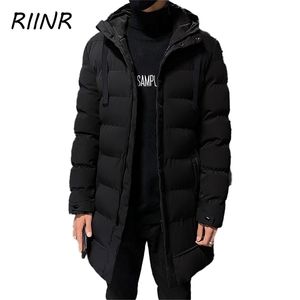 Riinr Winter Cotton-Patded Jacket Mid-length Koreaanse mannen Dikke Warme Mens Down Padded Hooded Jas 211204