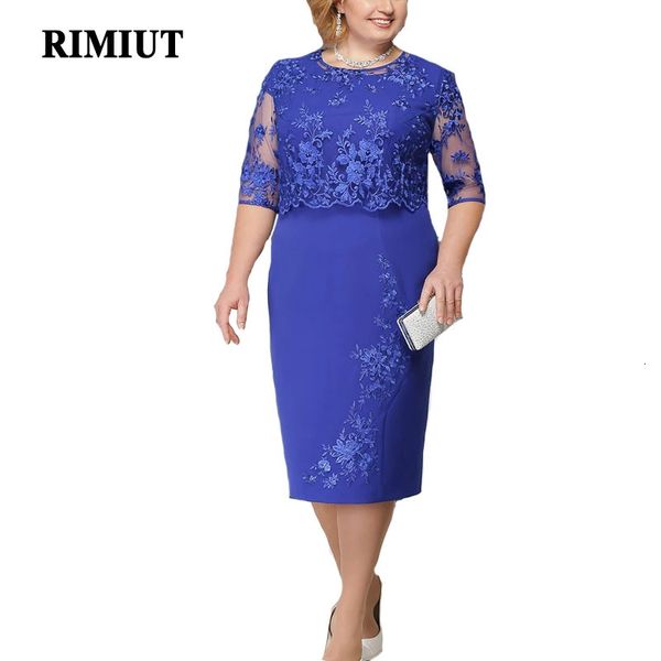 Rimiut plus taille 5xl 4xl Femmes Été Automne robe élégante robe en dentelle femelle bleue soirée robes vestido à grande taille fat mm 240506