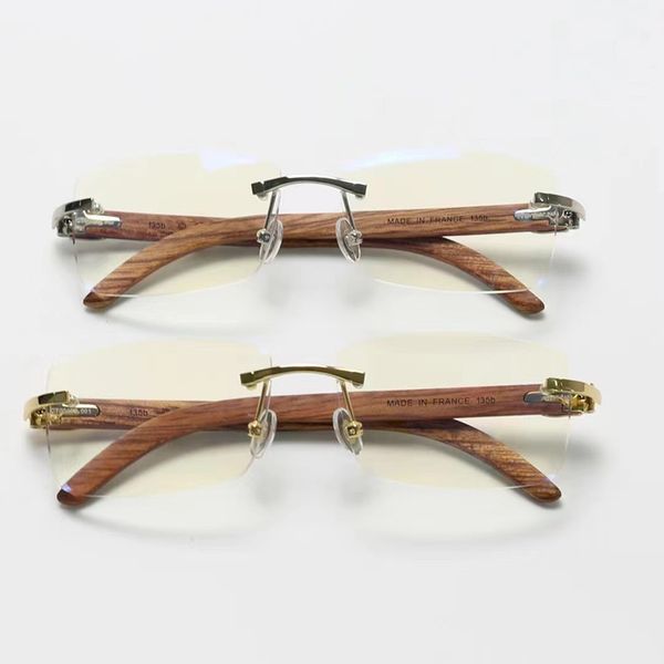 Monture sans monture hommes femmes mode lunettes de soleil jambe en bois cadre en métal avec miroir optique carré vintage rétro or clair lentille bleu lumière bloquant les lunettes