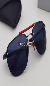 Gafas de sol sin montura, gafas de conducción, estilo de carreras, marco de fibra de metal y nailon, logotipo de escudo, detalle de orificio en la sien de caucho amarillo rojo, diseño 5885044