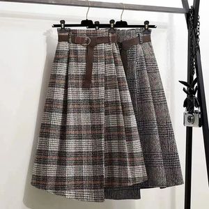 Rimocy automne hiver femmes Plaid laine jupes avec ceinture mode irrégulière ourlet taille haute jupe femme une ligne longue 240110