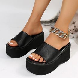 Rimocy Chunky Platform Sandals Fashion Fashion Black Pu Le cuir cale de coin pour femme Summer Summer Bottom Slides plus taille 240524