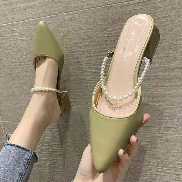 Sandalias Rimocy con correa de perlas a la moda para mujer, zapatillas de verano con punta en pico y tacones medios, zapatillas informales de tacón cuadrado para mujer 220528