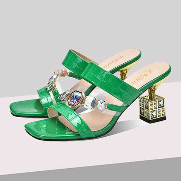 Rimocy mode strass sandales femmes nouveau bout carré Style étrange pantoufles femme Pu cuir cristal talons hauts chaussures 220528