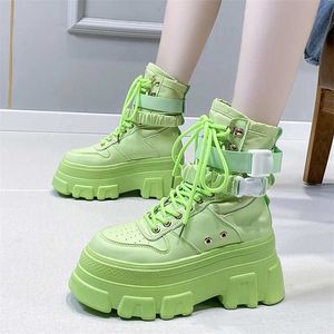 Rimocy Groene Punk Chunky Platform Motorlaars Herfst Winter Gothic Schoenen Vrouw Dikke Bodem Lace Up Enkel Botas Mujer 211105