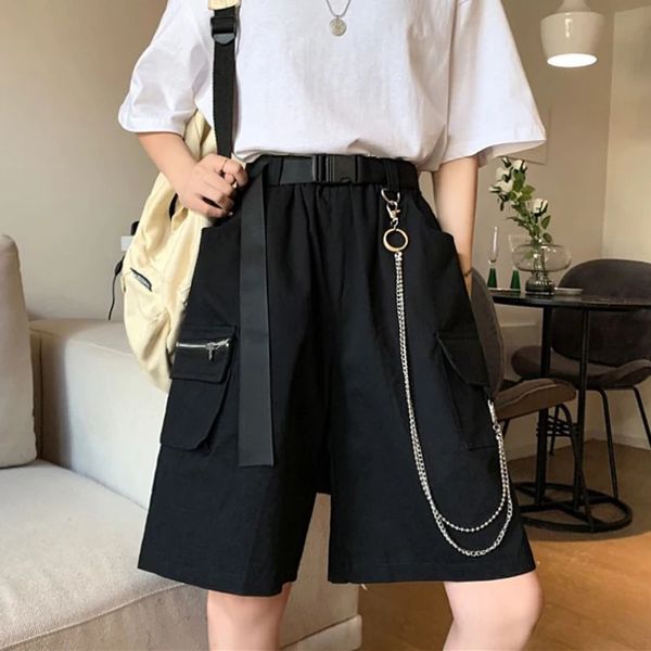 Rimocy harajuku chaîne cargo short femme d'été grandes poches larges féminine noire hauteur streetwear femelle 240403