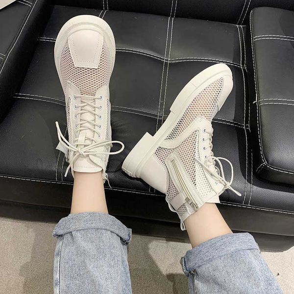 Rimocy Hollow Out Mesh Botines de verano para mujer Cremallera transpirable con cordones Zapatos casuales Mujer Tacones bajos Botines cortos Blanco Y0910