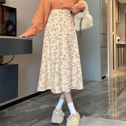 Rimocy Style coréen imprimé fleuri jupes longues femmes été une ligne jupes de plage femme élastique taille haute jupe mi-longue Mujer 220701