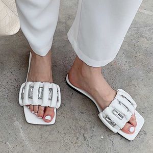 Rimocy zomer bling crystal geplooid platte slippers vrouwen outdoor vierkante teen dia's vrouw effen kleur antislip schoenen dames 210528