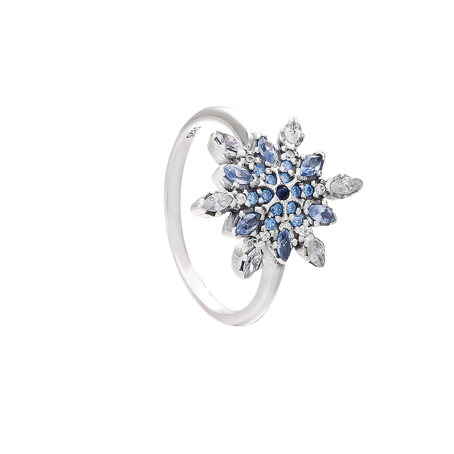 Yüzük% 925 STERLING Gümüş Kar Tanesi Yüzükler Mavi CZ Mücevher Anillo Nişan Düğün Aşıkları Moda Ring