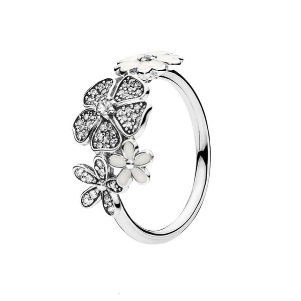 Anillo Diseñador Mujer Pandorara Calidad Original 925 Auténtica Plata Esterlina Esmalte Blanco Anillos De Flores Caja Original Para Joyería De Plata Para Mujer Cristal Natural