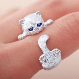 Bague pour hommes et femmes, Style japonais, chat mignon, bague en or blanc 14K, bijoux simples à la mode, cadeaux, yeux en strass bleu, anneaux de chien